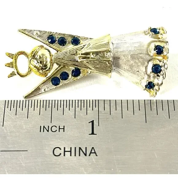 Vintage Gold Tone Angel Brooch Blue Rhinestone Accents 1.75” Holiday Pin - Picture 5 of 7